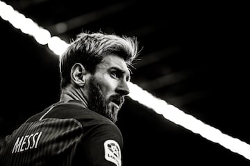 This images has been converted to black and white) Lionel Messi of FC Barcelona looks on during the  La Liga match between FC Barcelona and RC Deportivo La Coruna at Camp Nou stadium on October 15, 2016 in Barcelona, Spain.  (Photo by David Ramos/Getty Im