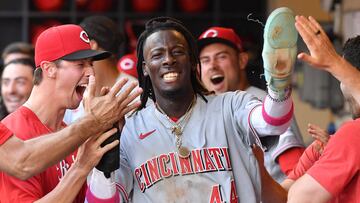 Jul 8, 2023; Milwaukee, Wisconsin, USA; Cincinnati Reds shortstop Elly De La Cruz (44) celebrates in the dugout after scoring a run against the Milwaukee Brewers in the seventh inning at American Family Field. Mandatory Credit: Michael McLoone-USA TODAY Sports