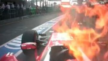 Las llamas que salieron del coche de Raikkonen asustaban.