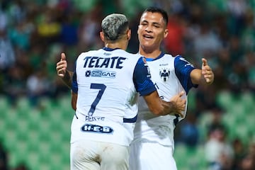  German Berterame celebrate this goal 0-2 with Roberto de la Rosa of Monterrey during the 7th round match between Santos and Monterrey as part of the Liga BBVA MX, Torneo Apertura 2024 at TSM Corona Stadium on September 14, 2024 in Torreon, Coahuila, Mexico.