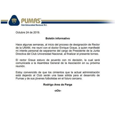 Rodrigo Ares de Parga dejará Pumas tras el Apertura 2019