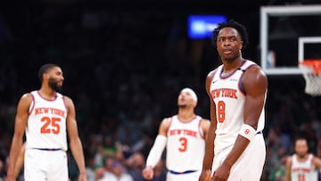 BOSTON, MASSACHUSETTS - MAY 07: OG Anunoby #8 of the New York Knicks reacts during the third quarter against the Boston Celtics in Game Two of the Eastern Conference Second Round NBA Playoffs at TD Garden on May 07, 2025 in Boston, Massachusetts. NOTE TO USER: User expressly acknowledges and agrees that, by downloading and or using this photograph, User is consenting to the terms and conditions of the Getty Images License Agreement. Maddie Meyer/Getty Images/AFP (Photo by Maddie Meyer / GETTY IMAGES NORTH AMERICA / Getty Images via AFP)