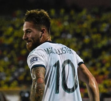 Argentine midfielder Alexis Mac Allister celebrates after scoring against Uruguay during their Under-23 South American Pre-Olympic Tournament football match at Alfonso Lopez stadium, Bucaramanga, Colombia on February 3, 2020.