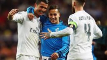 Cristiano, Lucas Vázquez y Ramos celebran la victoria ante el Wolfsburgo.