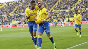 Jes&eacute; Rodr&iacute;guez celebrando su primer gol con Las Palmas y dando a entender que su pareja Aurah Ruiz est&aacute; embarazada.
 