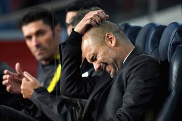 Josep Guardiola, Manager of Manchester City reacts during the UEFA Champions League group C match between FC Barcelona and Manchester City FC at Camp Nou