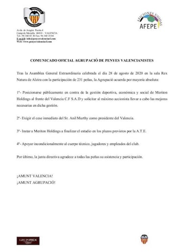 La pe?as del Valencia solicitan p¨²blicamente la destituci¨®n de Anil