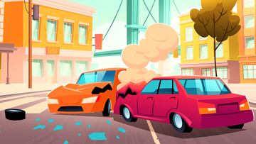Man shoots car crash on smartphone. Auto accident on crossroad on city street. Vector cartoon cityscape with buildings, road, broken cars, smoke and shocked witness