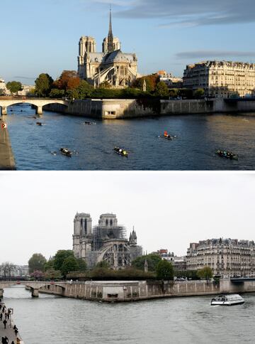 Una combinación de dos fotos con el antes y el después del incendio en la Catedral de Notre Dame de París