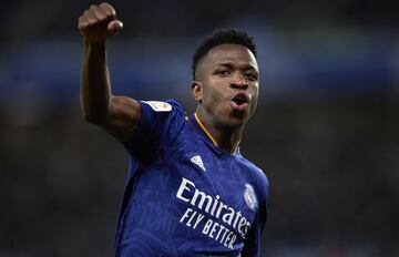 Vinícius Júnior celebrates scoring Real Madrid's opener against Real Sociedad.