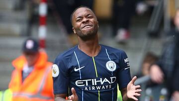 Manchester City's English midfielder Raheem Sterling reacts after failing to control a through ball during the English Premier League football match between Wolverhampton Wanderers and Manchester City at the Molineux stadium in Wolverhampton, central