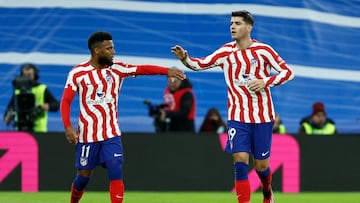 Lemar y Morata celebran el primer gol del Atlético en Copa ante el Real Madrid.