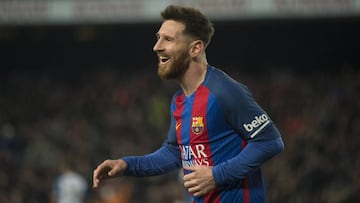 Messi tras marcar en el derbi ante el Espanyol.