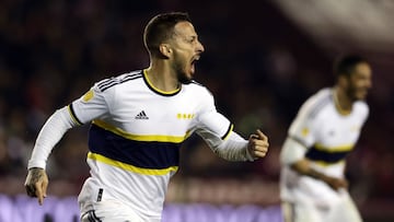 Boca Juniors' Argentine forward Dario Benedetto celebrates after scoring against Lanus during the Argentine Professional Football League Tournament 2022 match between Lanus and Boca Juniors at the Ciudad de Lanus stadium in Lanus, Buenos Aires province, on September 14, 2022. (Photo by ALEJANDRO PAGNI / AFP)