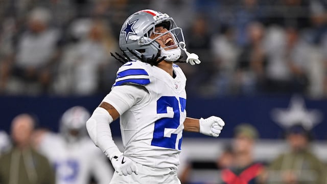Nov 3, 2025; Arlington, Texas, USA; Dallas Cowboys cornerback Reddy Steward (27) celebrates after sacking Arizona Cardinals quarterback Jacoby Brissett (7) in the second half at AT&T Stadium. Mandatory Credit: Jerome Miron-Imagn Images