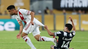 PASADENA, CALIFORNIA - JUNE 21: Gonzalo Martinez #18 of CA River Plate is tackled by Erick Aguirre #14 of CF Monterrey during the FIFA Club World Cup 2025 group E match between CA River Plate and CF Monterrey at Rose Bowl Stadium on June 21, 2025 in Pasadena, California. Harry How/Getty Images/AFP (Photo by Harry How / GETTY IMAGES NORTH AMERICA / Getty Images via AFP)