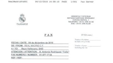 El fax que el Real Madrid le envió a Toño, portero del Rayo Vallecano, para desearle una pronta recuperación.
