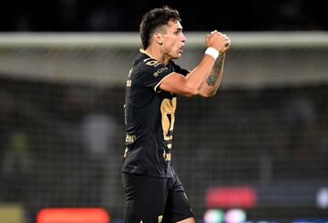 Pumas' Juan Dinenno celebrates his goal after scored against Guadalajara during their Clausura Tournament match at the Olimpico Universitario Mexico stadium in Mexico City, on February 18, 2023. (Photo by ALFREDO ESTRELLA / AFP)