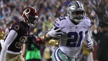 LANDOVER, MD - OCTOBER 29:Running back Ezekiel Elliott #21 of the Dallas Cowboys runs upfield against the Washington Redskins during the fourth quarter at FedEx Field on October 29, 2017 in Landover, Maryland. Rob Carr/Getty Images/AFP
== FOR NEWSPAPERS, INTERNET, TELCOS & TELEVISION USE ONLY ==