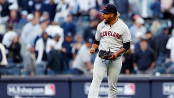 NEW YORK, NEW YORK - OCTOBER 14: Emmanuel Clase #48 of the Cleveland Guardians celebrates defeating the New York Yankees 4-2 in ten innings in game two of the American League Division Series at Yankee Stadium on October 14, 2022 in New York, New York. (Photo by Sarah Stier/Getty Images)