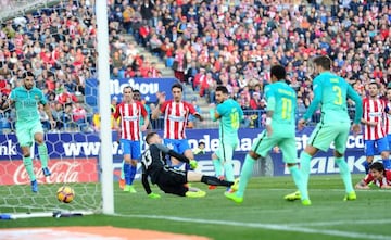 Lionel Messi of scores during the La Liga match between Atletico Madrid and Barcelona at the Vicente Calderon