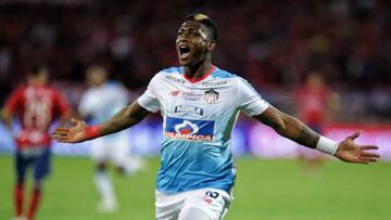 Yony Gonz&aacute;lez celebrando su gol con el Junior en la vuelta de la final de la Liga &Aacute;guila II-2018 ante el Medell&iacute;n en el Atanasio Girardot