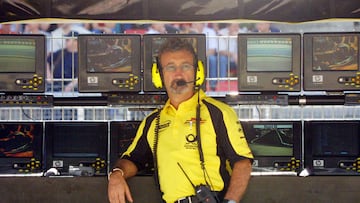 (FILES) British Jordan-Honda Director Eddie Jordan sits on the pitwall of the Montmelo racetrack near Barcelona during the first free practice session, on April 26, 2002 two days before the Catalunya Formula One Grand Prix in Spain. Former Formula One team owner Eddie Jordan, who had been suffering from cancer, has died aged 76, his family announced on March 20, 2025. "It is with profound sadness that we announce the passing of Eddie Jordan OBE, the ex-Formula 1 team owner, TV pundit and entrepreneur," his family said in a statement. (Photo by AURELIA BAILLY / AFP)