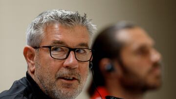 Union Berlin's Swiss head coach Urs Fischer gives a press conference on the eve of the UEFA Champions League football match between Real Madrid and Union Berlin at the Santiago Bernabeu stadium in Madrid on September 19, 2023. (Photo by OSCAR DEL POZO / AFP)