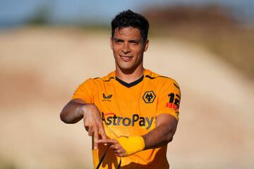 BENIDORM, SPAIN - JULY 20: Raul Jimenez of Wolverhampton Wanderers celebrates after scoring their team's first goal during a pre-season friendly match between Deportivo Alaves and Wolverhampton Wanderers at Estadio Camilo Cano on July 20, 2022 in Benidorm, Spain. (Photo by Aitor Alcalde/Getty Images)