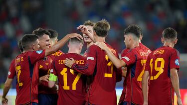 Sergio Gomez of Spain celebrates after scoring his side's third goal during the Euro 2023 U21 Championship soccer match between Romania and Spain at Steaua stadium in Bucharest, Romania, Wednesday, June 21, 2023.(AP Photo/Andreea Alexandru)