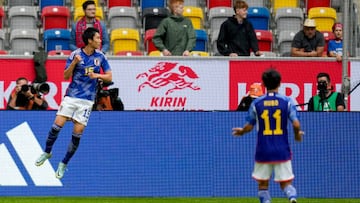 DUESSELDORF, GERMANY - SEPTEMBER 23: Daichi Kamada of Japan celebrates after scoring his team's first goal during the international friendly match between Japan and United States at Merkur Spiel-Arena on September 23, 2022 in Duesseldorf, Germany. (Photo by Alex Gottschalk/DeFodi Images via Getty Images)