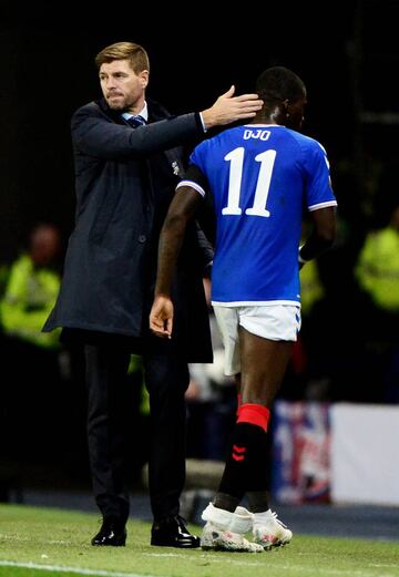 Watch out! Steven Gerrard acknowledges Sheyi Ojo.