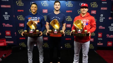 PHILADELPHIA, PA - NOVEMBER 01:  Rawlings Gold Glove Award winners Jeremy Peña #3 and Kyle Tucker #30 of the Houston Astros and J.T. Realmuto #10 of the Philadelphia Phillies pose for a photo prior to Game 3 of the 2022 World Series between the Houston Astros and the Philadelphia Phillies at Citizens Bank Park on Tuesday, November 1, 2022 in Philadelphia, Pennsylvania. (Photo by Daniel Shirey/MLB Photos via Getty Images)