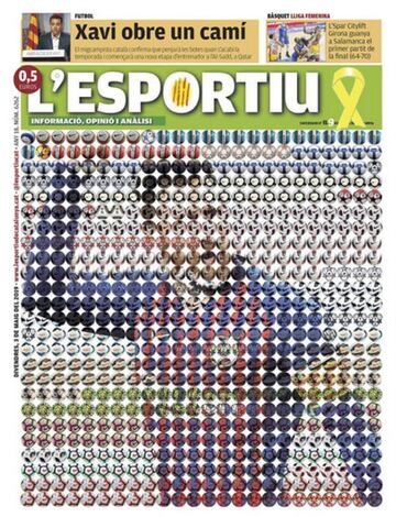 El diario catalán L'Esportiu hizo un retrato de Leo Messi con diferentes balones de fútbol, con todos los goles de falta que anotó hasta esa fecha. El día anterior embelesó al mundo del fútbol con un nuevo golazo de falta directa al Liverpool de Klopp, que a la siguiente semana remontó el 3-0 de la ida.