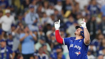 LOS ANGELES, CALIFORNIA - OCTOBER 27: Alejandro Kirk #30 of the Toronto Blue Jays celebrates after hitting a three-run home run against the Los Angeles Dodgers during the fourth inning in game three of the 2025 World Series at Dodger Stadium on October 27, 2025 in Los Angeles, California. Patrick Smith/Getty Images/AFP (Photo by Patrick Smith / GETTY IMAGES NORTH AMERICA / Getty Images via AFP)