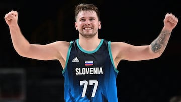 Slovenia&#039;s Luka Doncic reacts during the men&#039;s preliminary round group C basketball match between Argentina and Slovenia of the Tokyo 2020 Olympic Games at the Saitama Super Arena in Saitama on July 26, 2021. (Photo by Aris MESSINIS / AFP)