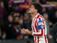 Atletico Madrid's Uruguayan defender #02 Jose Gimenez reacts at the end of the Copa del Rey (King's Cup) semi final second leg football match between FC Barcelona and Club Atletico de Madrid at Camp Nou Stadium in Barcelona on March 3, 2026. (Photo by Lluis GENE / AFP)