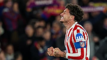 Atletico Madrid's Uruguayan defender #02 Jose Gimenez reacts at the end of the Copa del Rey (King's Cup) semi final second leg football match between FC Barcelona and Club Atletico de Madrid at Camp Nou Stadium in Barcelona on March 3, 2026. (Photo by Lluis GENE / AFP)