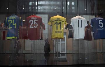 A collection of signed Champions League final shirts on display at the Real Casa del Fútbol in Sol, Madrid today.