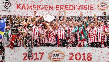PSV Eindhoven&#039;s celebrate winning the Dutch Eredivisie championship football match against Ajax Amsterdam at the Philips Stadion in Eindhoven, The Netherlands, on April 15, 2018.