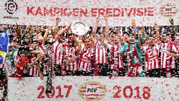 PSV Eindhoven's celebrate winning the Dutch Eredivisie championship football match against Ajax Amsterdam at the Philips Stadion in Eindhoven, The Netherlands, on April 15, 2018.