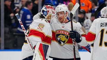 May 4, 2023; Toronto, Ontario, CANADA; Florida Panthers defenseman Gustav Forsling (42) congratulates goaltender Sergei Bobrovsky (72) after a win over the Toronto Maple Leafs in game two of the second round of the 2023 Stanley Cup Playoffs at Scotiabank Arena. Mandatory Credit: John E. Sokolowski-USA TODAY Sports