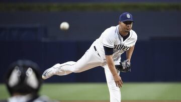 SAN DIEGO, CA - APRIL 19: Jhoulys Chacin #46 of the San Diego Padres pitches during the first inning of a baseball game against the Arizona Diamondbacks at PETCO Park on April 18, 2017 in San Diego, California.   Denis Poroy/Getty Images/AFP
 == FOR NEWSPAPERS, INTERNET, TELCOS &amp; TELEVISION USE ONLY ==