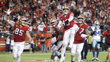SANTA CLARA, CALIFORNIA - OCTOBER 27: Brock Purdy #13 of the San Francisco 49ers reacts after rushing for a touchdown during the third quarter against the Dallas Cowboys at Levi's Stadium on October 27, 2024 in Santa Clara, California. Lachlan Cunningham/Getty Images/AFP (Photo by Lachlan Cunningham / GETTY IMAGES NORTH AMERICA / Getty Images via AFP)