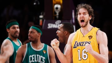 Los Angeles Lakers' Pau Gasol (R) of Spain celebrates in front of Boston Celtics' Paul Pierce (2nd L), Glen Davis and Rasheed Wallace (L) during the fourth quarter in Game 7 of the 2010 NBA Finals basketball series in Los Angeles, California, June 17, 2010.