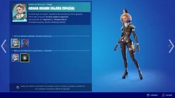 Si completamos todas las misiones de Ariana Grande, desbloquearemos el estilo adicional Capitana A.G. para el skin Ariana Grande Viajera Espacial cuando lo compremos