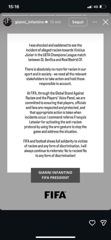 Infantino apoya a Vinicius: “Entristecido y conmocionado”