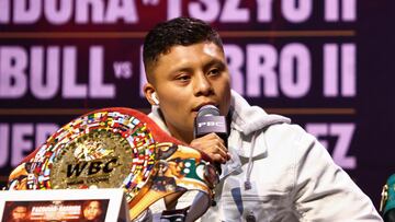 LOS ANGELES, CALIFORNIA - JUNE 03: Isaac Cruz speaks prior to his super lightweight rematch fight versus Angel Fierro at The NOVO at L.A. Live on June 03, 2025 in Los Angeles, California. Melina Pizano/Getty Images/AFP (Photo by Melina Pizano / GETTY IMAGES NORTH AMERICA / Getty Images via AFP)