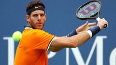 Juan Mart&iacute;n Del Potro devuelve una bola ante John Isnerdurante su partido de cuartos de final del US Open en el USTA Billie Jean King National Tennis Center de Flushing Meadows, New York City.