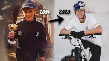 Fabio Wibmer en dos im&aacute;genes. Una de 2004 con gorra y un trofeo, otra de 2020 con su MTB y casco Red Bull.